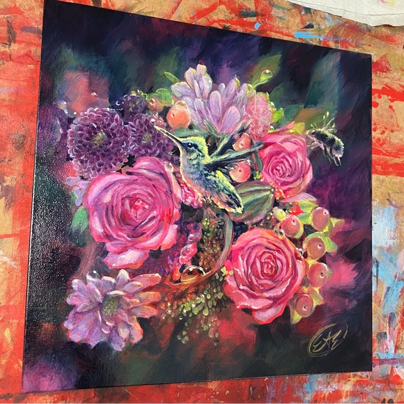 Original hummingbird floral painting bumblebee ladybug bouquet flowers gift USA - Picture 2 of 8